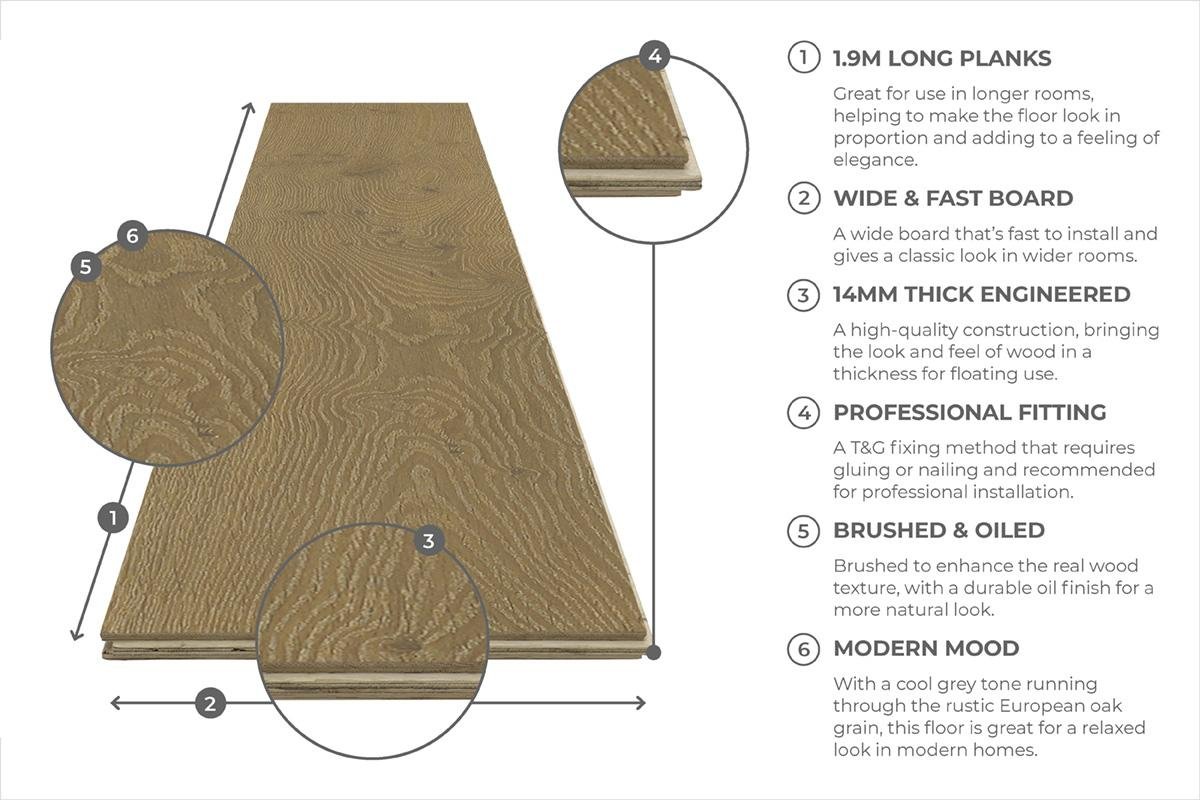 Rustic Oak Flooring 14mm x 190mm Stone Grey Oiled - Image 6